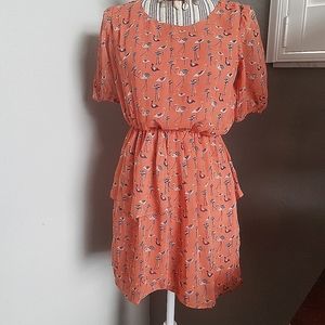 Coral famingo print chiffon layerd dress